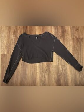 BDG Grey Cropped Waffle Knit Long-Sleeve Top